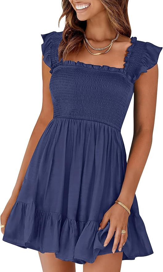 Prinbara Womens Summer Casual Square Neck Smocked Short Sundress 2026 Spring Beach Vacation Flowy... | Amazon (US)