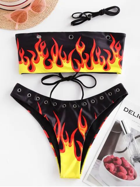 ZAFUL Flame Print Grommets Lace-up Bandeau Bikini Swimsuit | ZAFUL (Global)