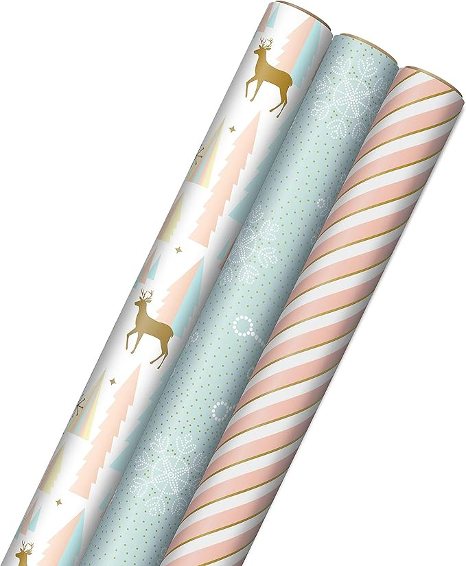 Hallmark Pink Christmas Wrapping Paper with Cut Lines on Reverse (3 Rolls: 120 sq. ft. ttl) Pink,... | Amazon (US)