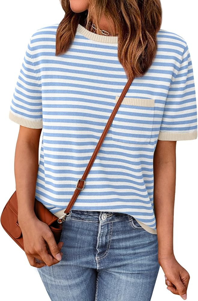 LILLUSORY Womens Striped Short Sleeve Sweater Pullover Shirts with Chest Pocket | Amazon (US)