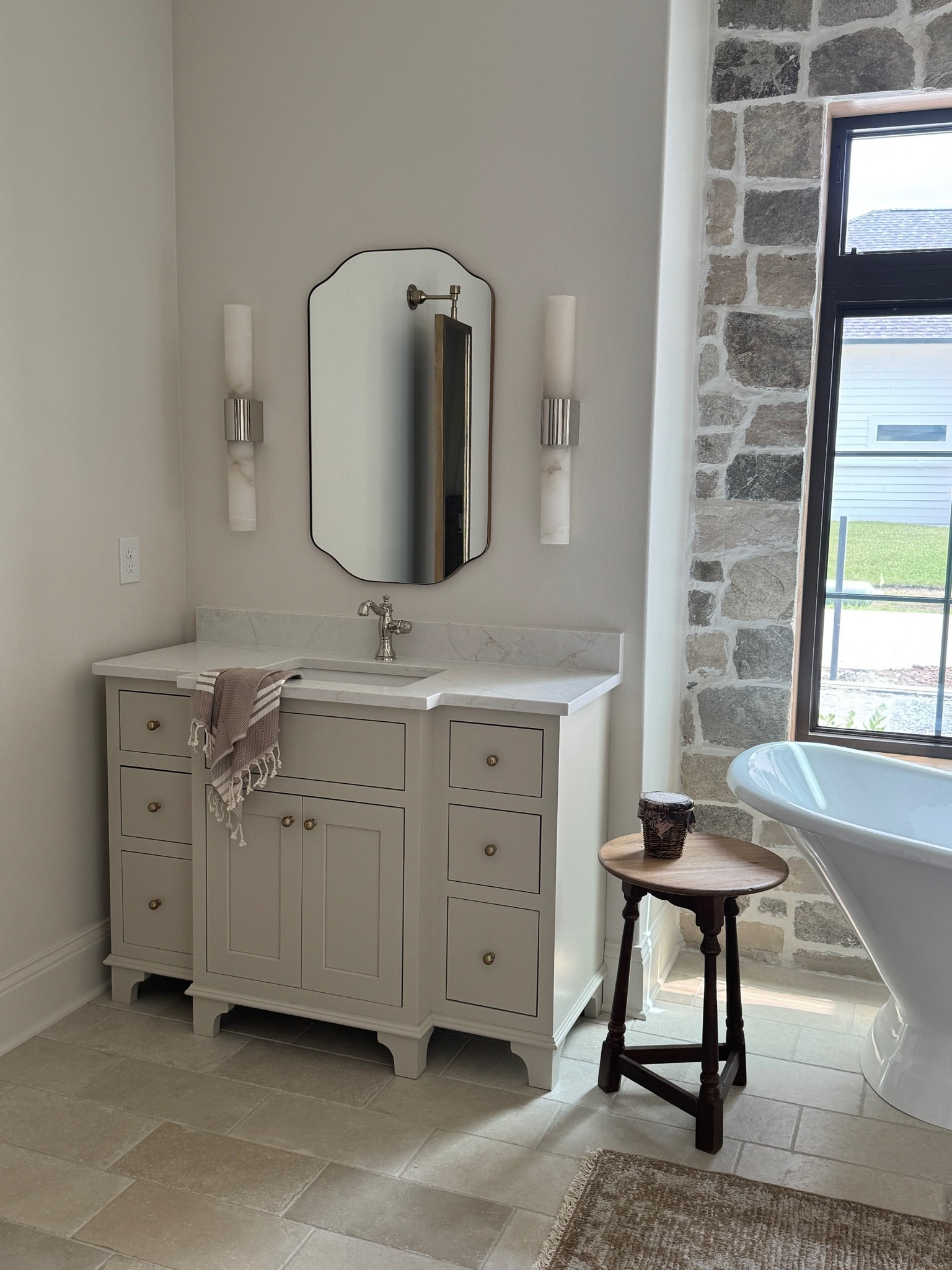 Love the mirrors, sconces and faucets these homeowners went with🤍 #ad #wayfair #wayfairpartner @Wayfair