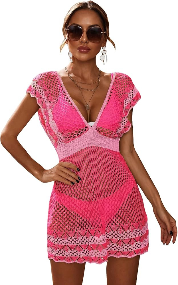 MakeMeChic Women's Deep V Neck Hollow Out See Through Knit Swimsuit Cover Up Beach Dress | Amazon (US)