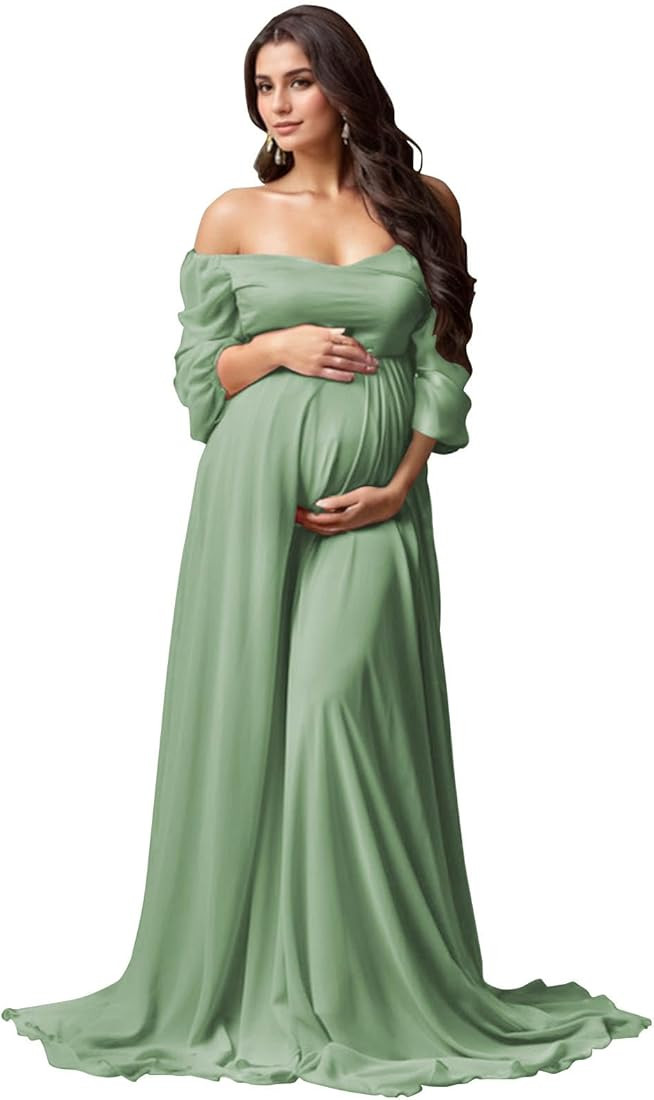 Long Sleeve Maternity Dress for Photoshoot Off Shoulder Chiffon Baby Shower Pregnancy Gown for Ph... | Amazon (US)