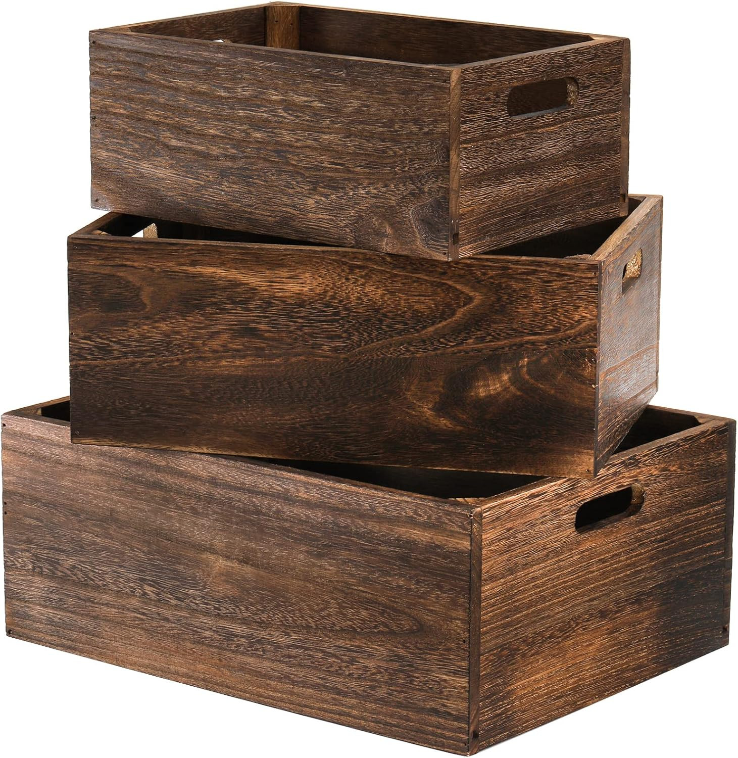 Frcctre Set of 3 Wood Nesting Storage Crates with Handles, Decorative Farmhouse Wooden Crates Storage Containers Rustic Handmade Natural Solid Wood Basket | Amazon (US)