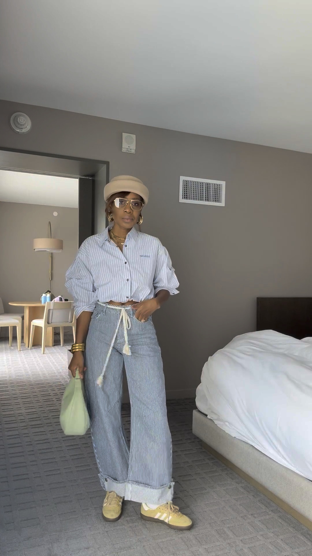 Striped barrel leg jeans cropped button up yellow samba sneakers. Pillbox hat outfit 

#LTKgrwm #LTKdayinmylife #LTKootd