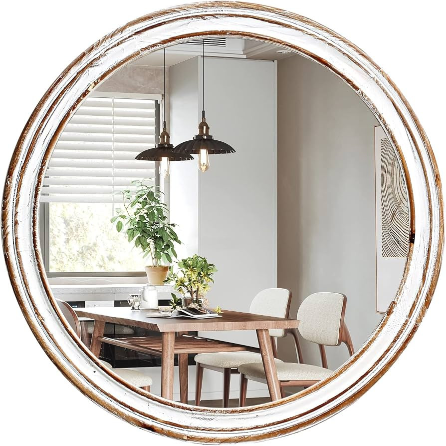 Jugty 30 Inches Wooden Circle Mirror Farmhouse Circle Mirror Distressed Wall Mirror for Bathroom,... | Amazon (US)