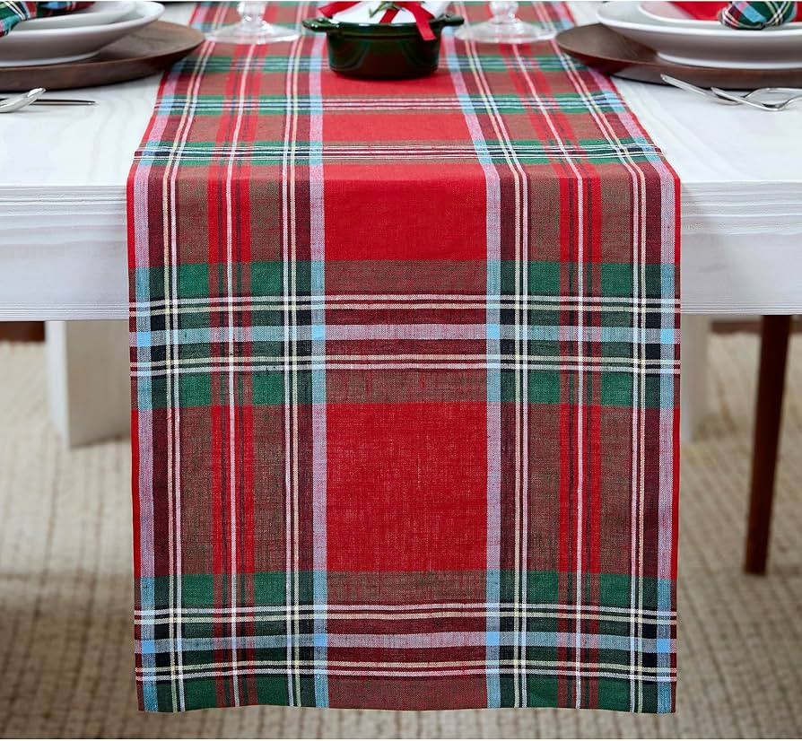 Solino Home Linen Table Runner 90 inches Long – 100% Pure Linen Red Madras Holiday Plaid Table ... | Amazon (US)