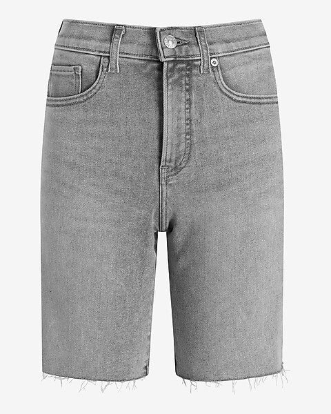 High Waisted Gray Raw Hem Bermuda Jean Shorts | Express