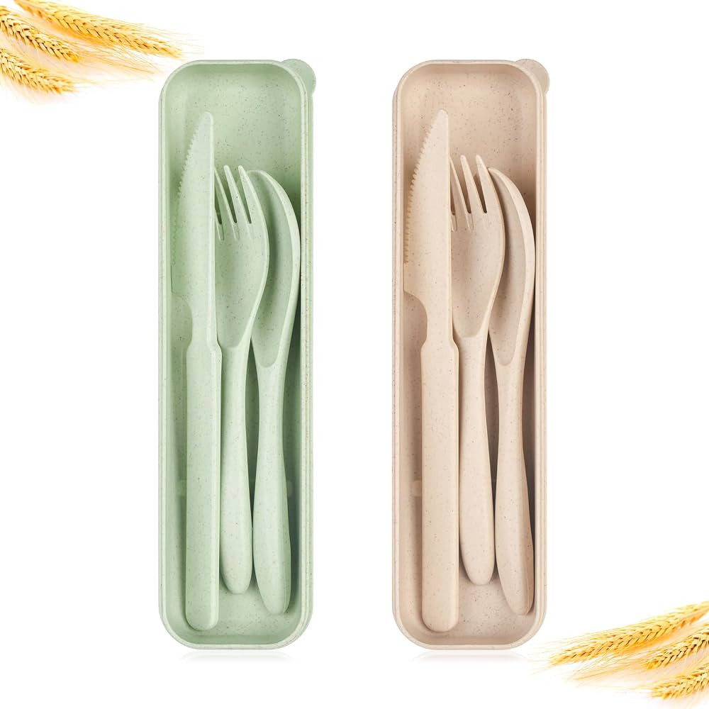 Travel Utensil Set with Case, 2 Sets Wheat Straw Reusable Spoon Chopstick Forks Tableware, Portab... | Amazon (US)