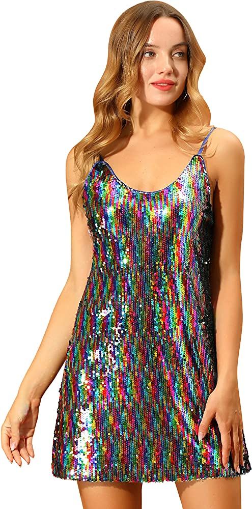 Allegra K Women's Glitter Sequin Dress V Neck Spaghetti Strap Halloween Mini Party Dress Clubwear | Amazon (US)