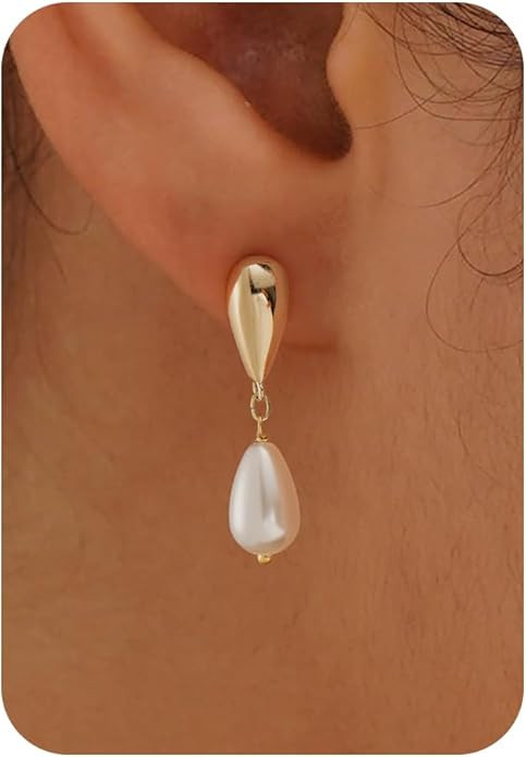 Plenky Pearl Earrings-14K Gold Plated Dainty Pearl Drop Simple Wedding CZ Dangle Dangling Cute St... | Amazon (US)