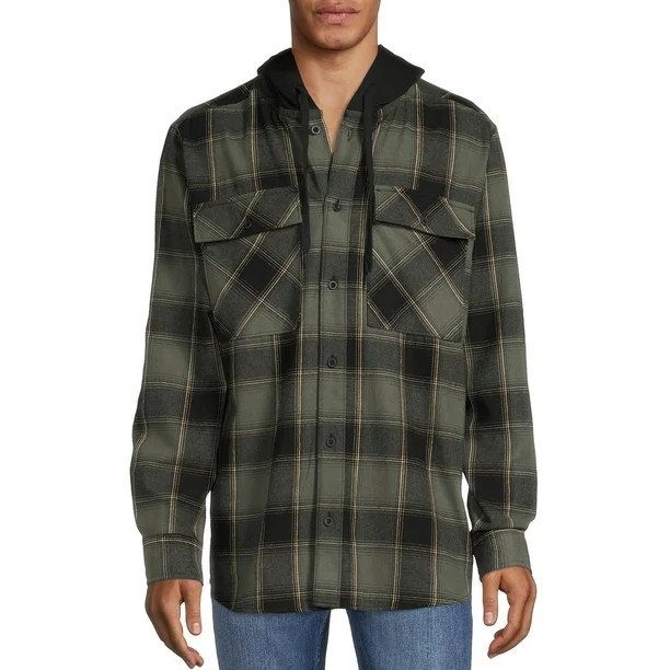 No Boundaries Men's and Big Men's Long Sleeve Hooded Flannel Shirt, Sizes up to 5X - Walmart.com | Walmart (US)