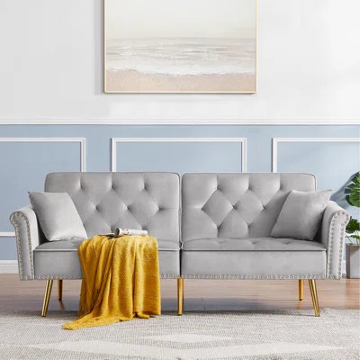 GREY Velvet Tufted Sofa Couch With 2 Pillows And Nailhead Trim | Wayfair North America