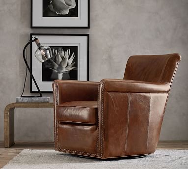 Irving Roll Arm Leather Swivel Armchair with Nailheads | Pottery Barn (US)