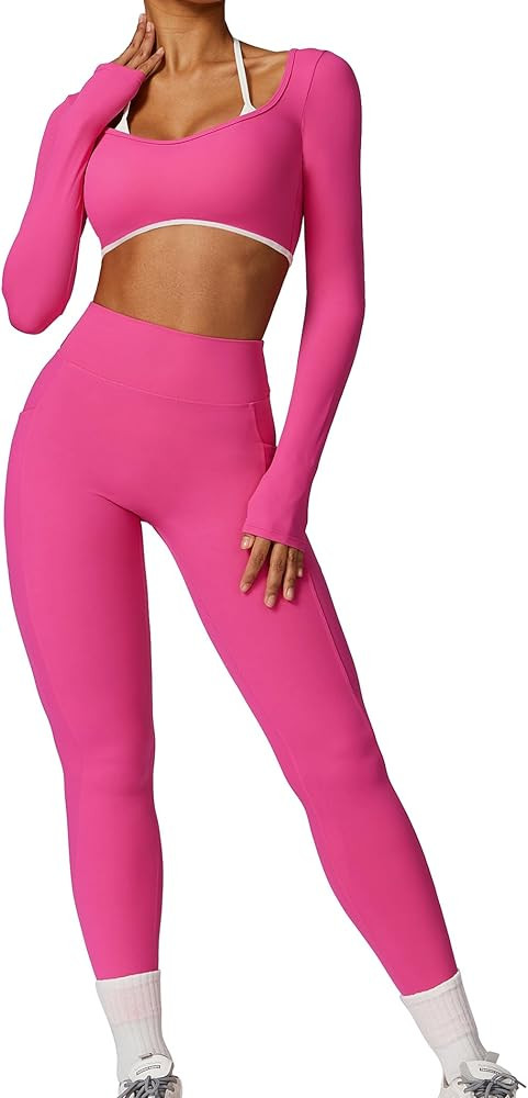 Workout Sets for Women 2 Piece Outfits Seamless High Waist Leggings Yoga Long Sleeve Crop Tops At... | Amazon (US)