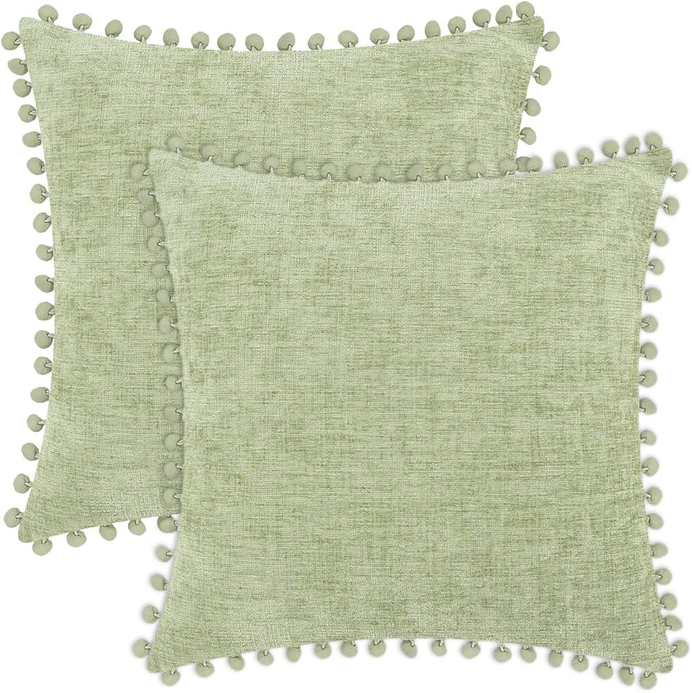 CaliTime Throw Pillow Cases Pack of 2 Cozy Solid Dyed Soft Chenille Cushion Covers with Pom Poms ... | Amazon (US)
