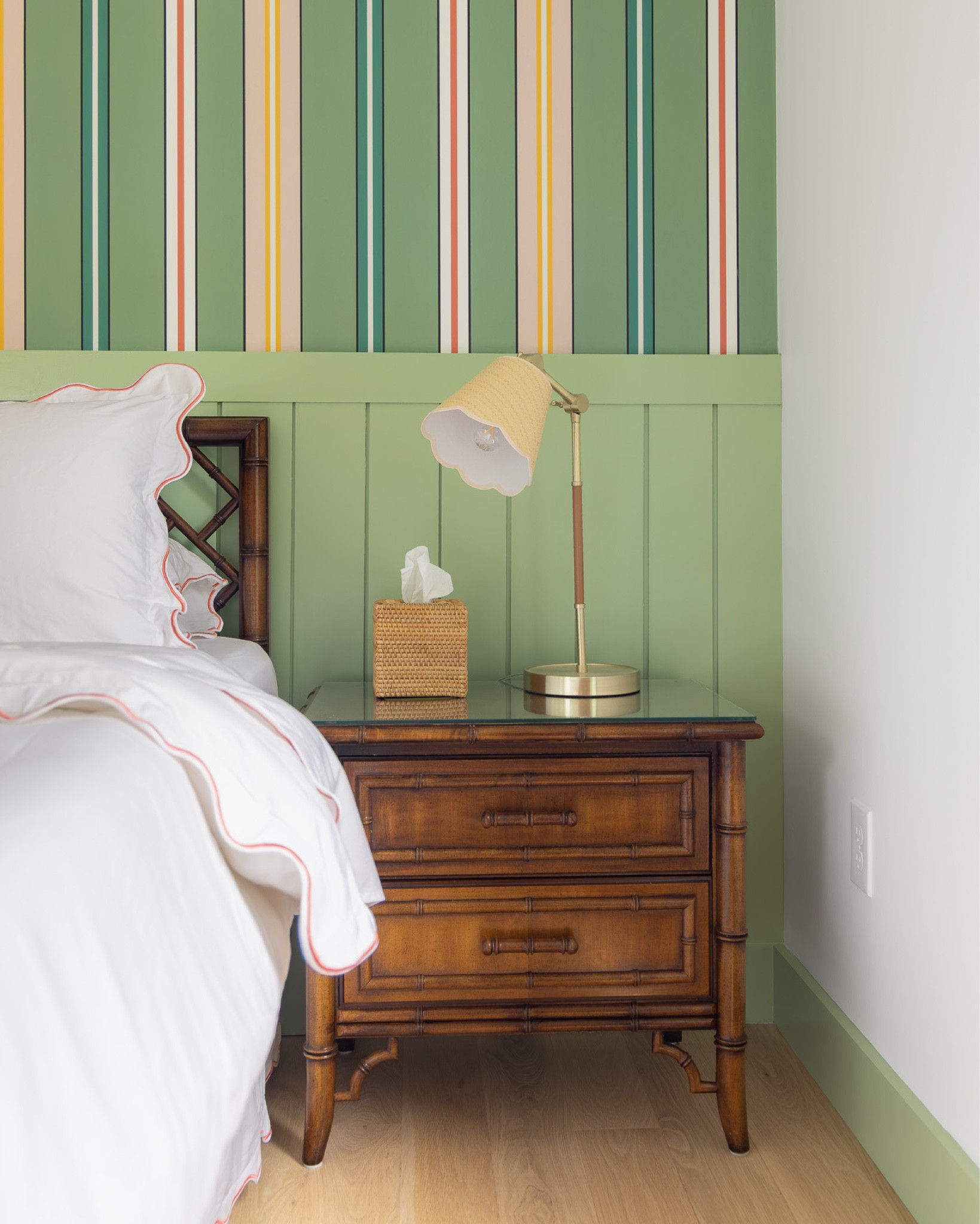 when designing the bedrooms at the #preppyhollowhouse, we wanted to give each room its own distinct personality, all while maintaining a cohesive look throughout the house. we chose to use the same green trim paint in each bedroom, but selected different wallpaper for each space. the colorful striped wallpaper used for this room reminded us of sunny days spent playing croquet or tennis. a vintage faux bamboo bedroom set balances out the pastel colors and grounds the space. #dwelloctoberstay #dwelloctober

#LTKHome