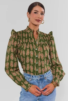 Green Paisley Printed Pleated Top | Avara