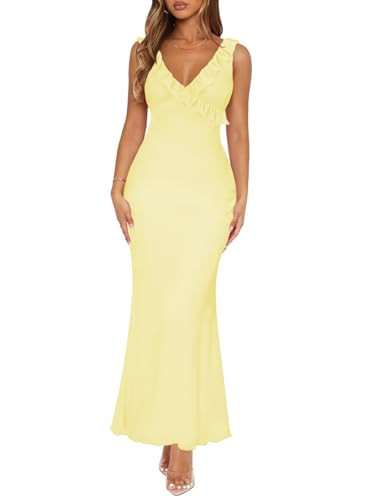 MIYIEONZ Women Sexy Sleeveless V-Neck Ruffle Backless Summer Dresses Long Formal Dress for Women Cocktail Party Casual Small Yellow Prom Dress | Amazon (US)