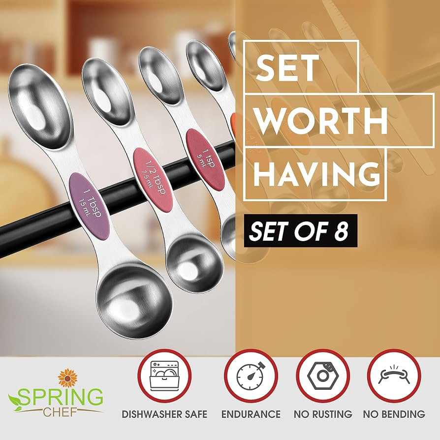 Spring Chef Stainless Steel Metal Magnetic Measuring Spoons Set of 8 with Leveler, Heavy Duty Nes... | Amazon (US)