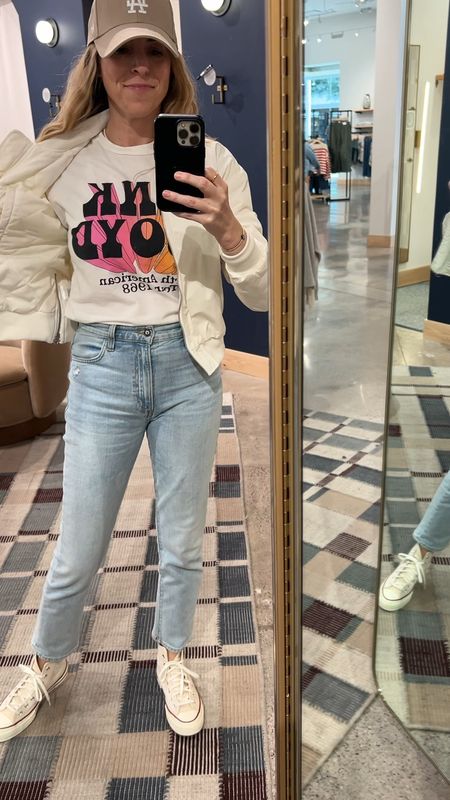 Spring outdoor event look: Pink Floyd Graphic tee, cream bomber jacket, light wash Favorite Daughter jeans (obsessed with these!), converse high tops. But could be any sneaker. All tts. Laura in smalls on top and a 26 in jeans. 



#LTKover40 #LTKstyletip #LTKSeasonal