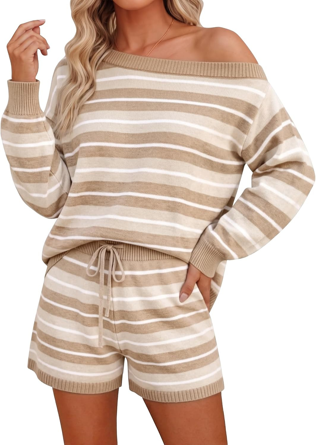 ZESICA Women's 2 Piece Striped Casual Long Sleeve Sweater Shorts Sets | Amazon (US)