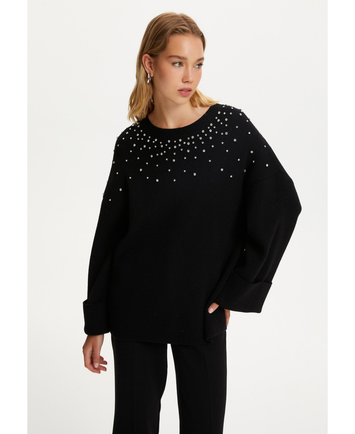 Women's Crystal Stone Detailed Knit Sweater - Black | Macy's