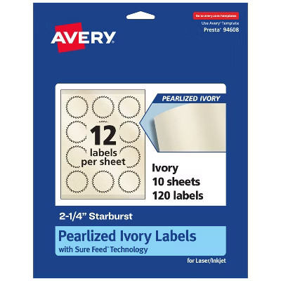 Avery Pearlized Ivory Starburst Labels with Sure Feed Technology, Print-to-the-Edge, 2.25", 120 Pearlized Ivory Labels, Laser/Inkjet Printable Labels | Target