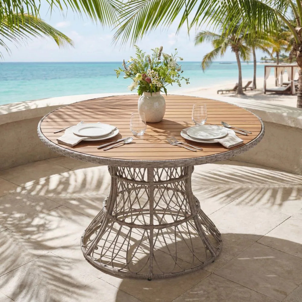 Coolbibila Round 47 in Brown Acacia Wood Top Wicker Base Outdoor Patio Dining Table Seats 4 to 6 one_size | GROM-PTABLE-BROWN | Lowe's