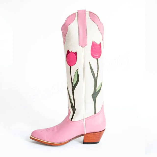 Pink Tulips Print Cow Boy Boots Flower Decor Chunky Heel Wooden Heel Shoes for Women High Heel Fa... | AliExpress (US)