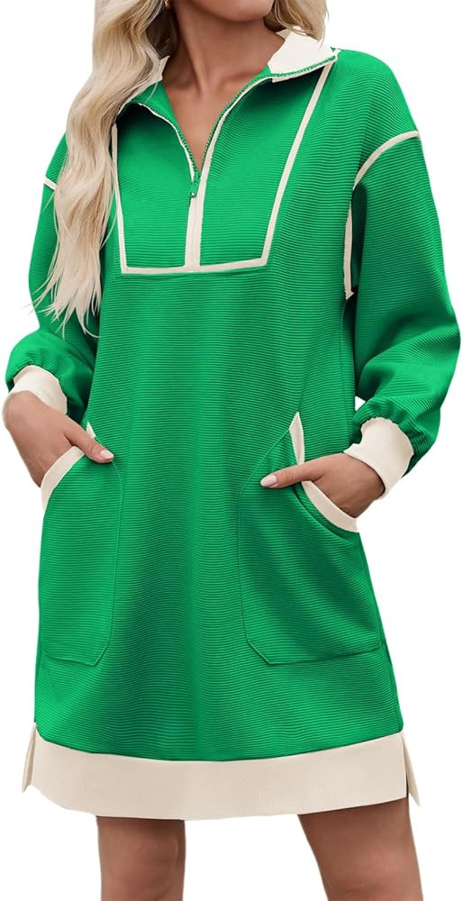 Wenrine Women's Oversized Sweatshirt Dress Half Zip V Neck Long Sleeve Contrast Fall Casual Mini ... | Amazon (US)