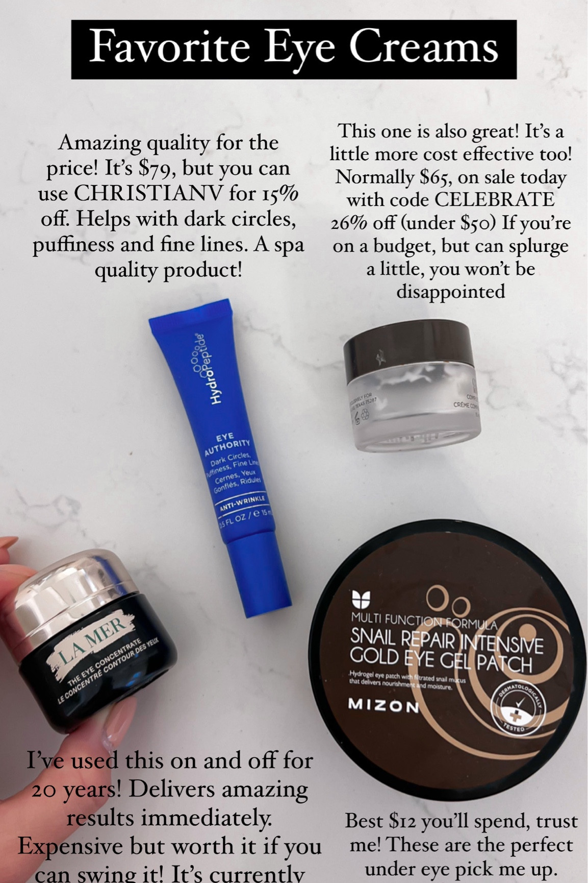 Eye cream; beauty items; skincare 
CHRISTIANV for 15% off HydroPeptide 

#christianblairvordy #beauty #skincare 

#LTKfindsunder100 #LTKfindsunder50 #LTKbeauty