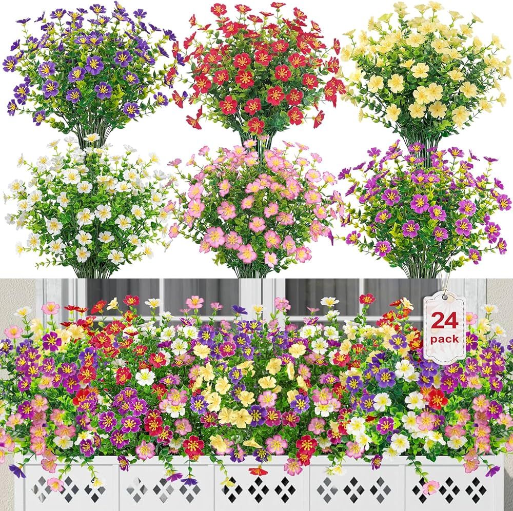 Amazon.com: Ouddy Decor 24 Bundles Artificial Flowers for Outdoors, Faux Silk Flowers Fake Plants... | Amazon (US)