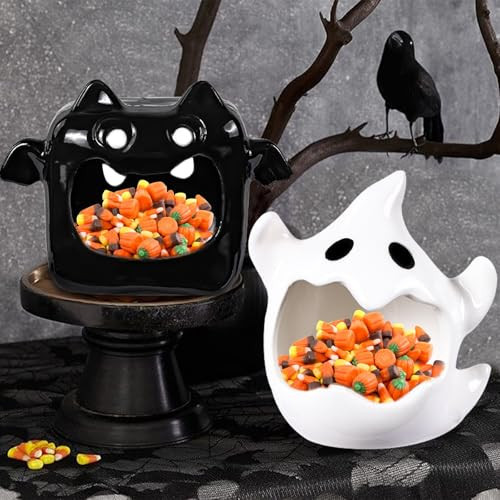 DIYDEC 2pcs Halloween Candy Dish Halloween Candy Bowls Ghost Bat Ceramic Bowl Candle Holder Tableware Decorations for Halloween Tiered Tray Ornament Home Decor | Amazon (US)