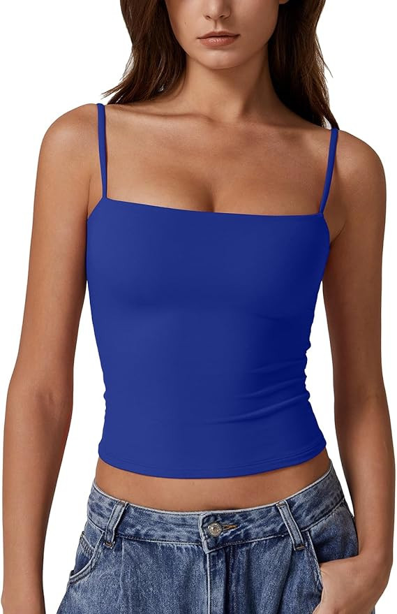 QINSEN Women's Double Lined Basic Tank Top Adjustable Spaghetti Straps Sleeveless Camisole Shirts | Amazon (US)