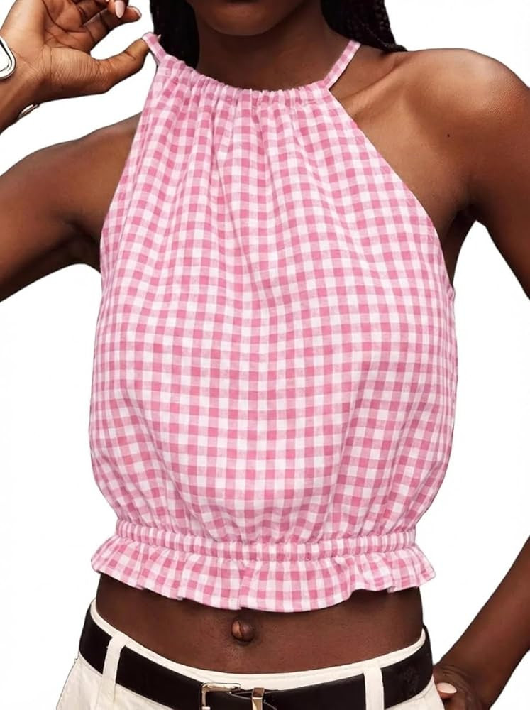 IDEALSANXUN Womens Crop Linen Halter Tops Summer High Neck Tank Tops Sleeveless Shirts | Amazon (US)