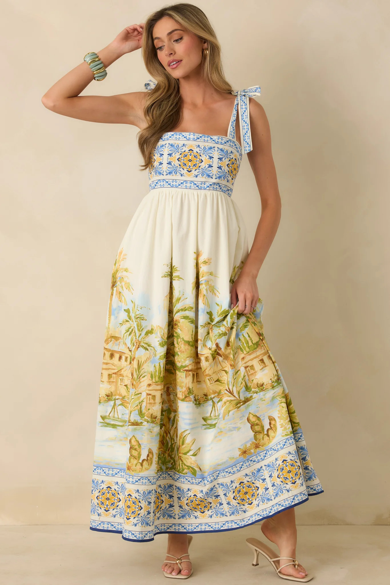 Paradise in Sunlight Ivory Multi Tie-Strap Cotton Maxi Dress | Red Dress