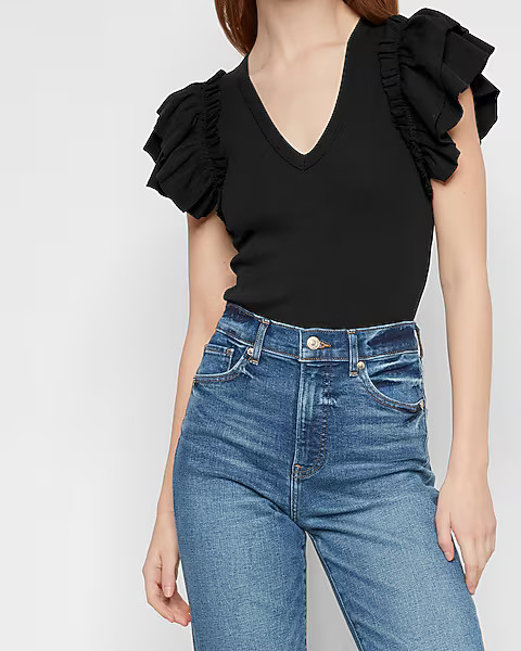 V-Neck Ruffle Sleeve Thong Bodysuit | Express