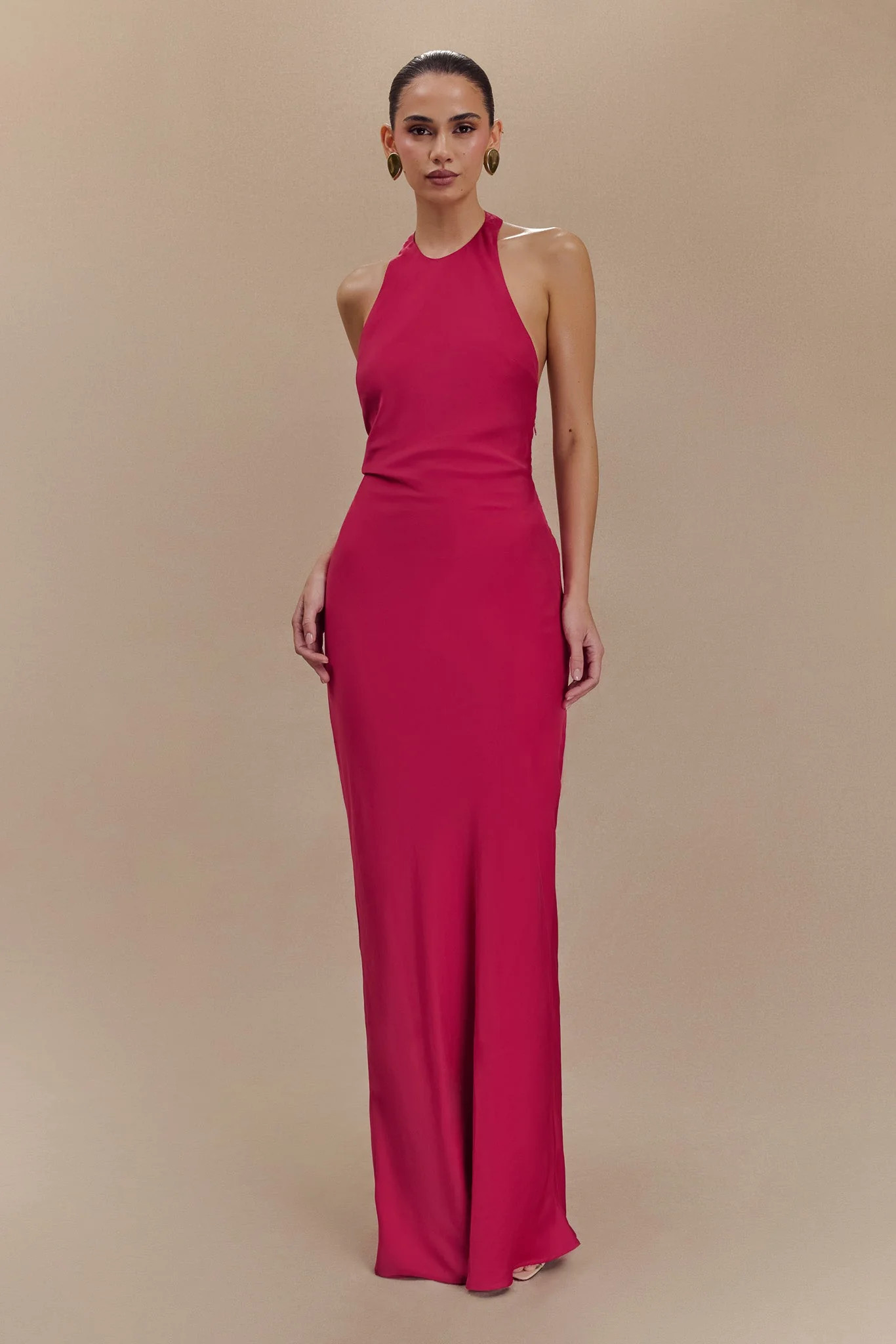 Satin Halter Maxi Dress - Pink Cherry | MESHKI US