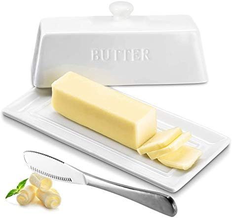 Butter Dish with Covers, OAMCEG Ceramic Porcelain Butter Dish with Lid Handle Knife Design, Large... | Amazon (US)