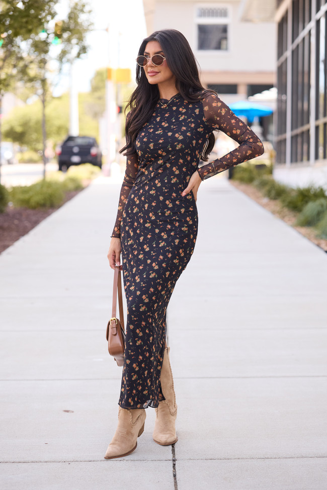 Drake Black Floral Mesh Maxi Dress | Pink Lily