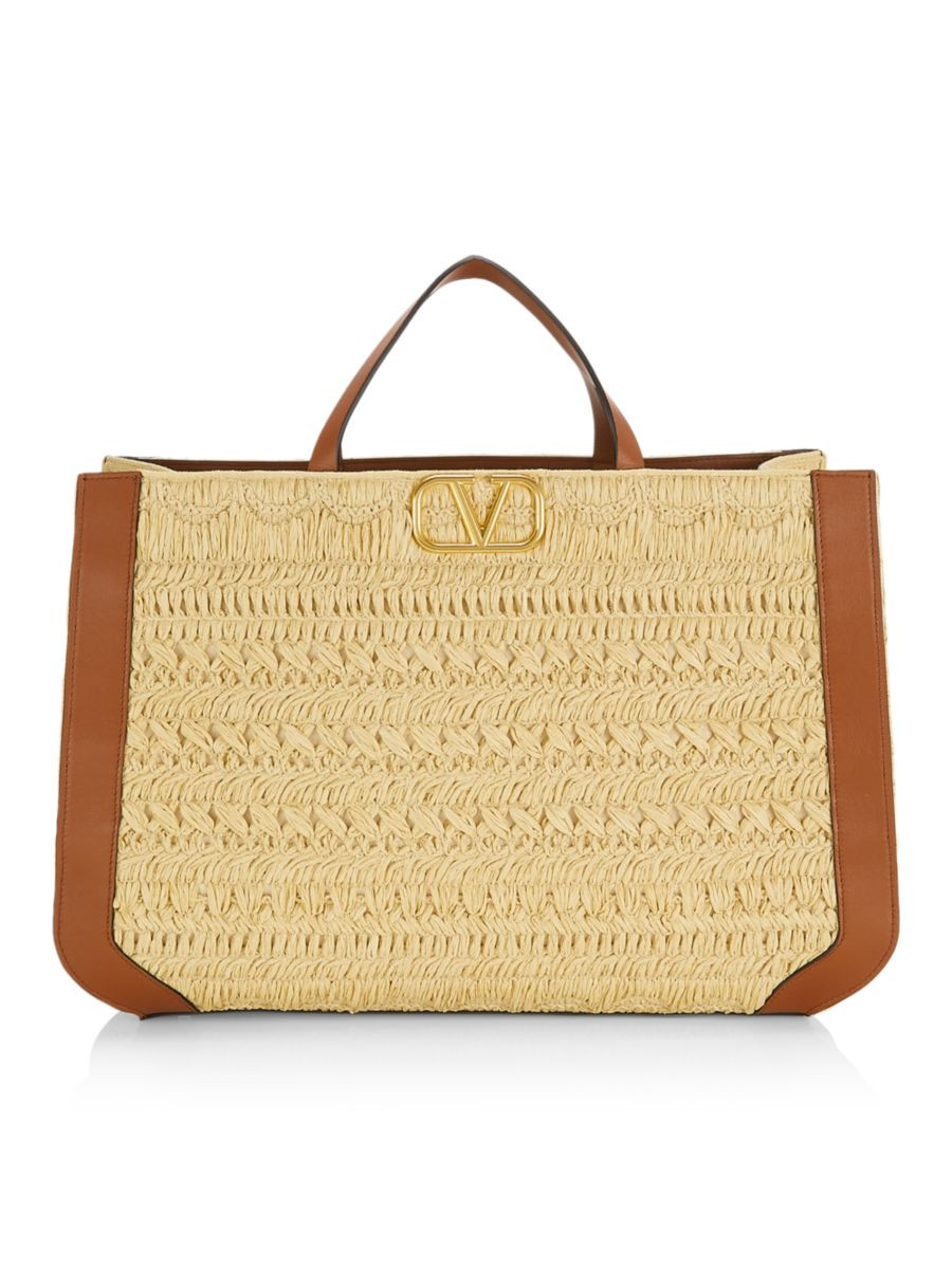 VLogo Signature Raffia & Leather Tote | Saks Fifth Avenue