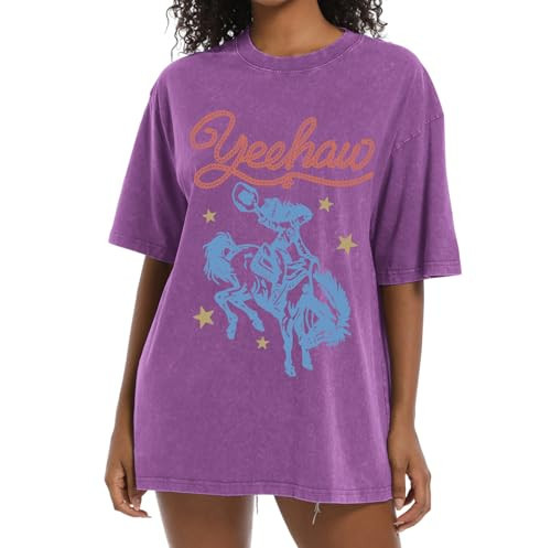 Cayxatiu Western Shirts for Women Vintage Cowgirl Shirt Oversized Rodeo Cowboy Graphic Tees Country Concert Short Sleeve Tops(Purple,M) | Amazon (US)