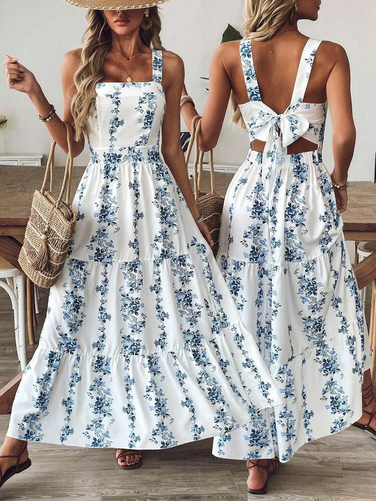 SHEIN Holidaya Women Blue & White Print Waist Design Casual Vacation Daily Office Wear Sleeveless... | SHEIN