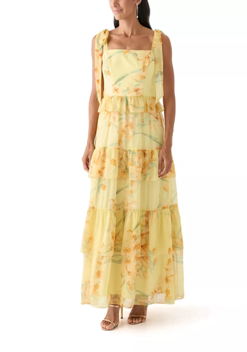 Women's Sleeveless Floral Printed Tiered Ruffle Maxi Dress | Belk