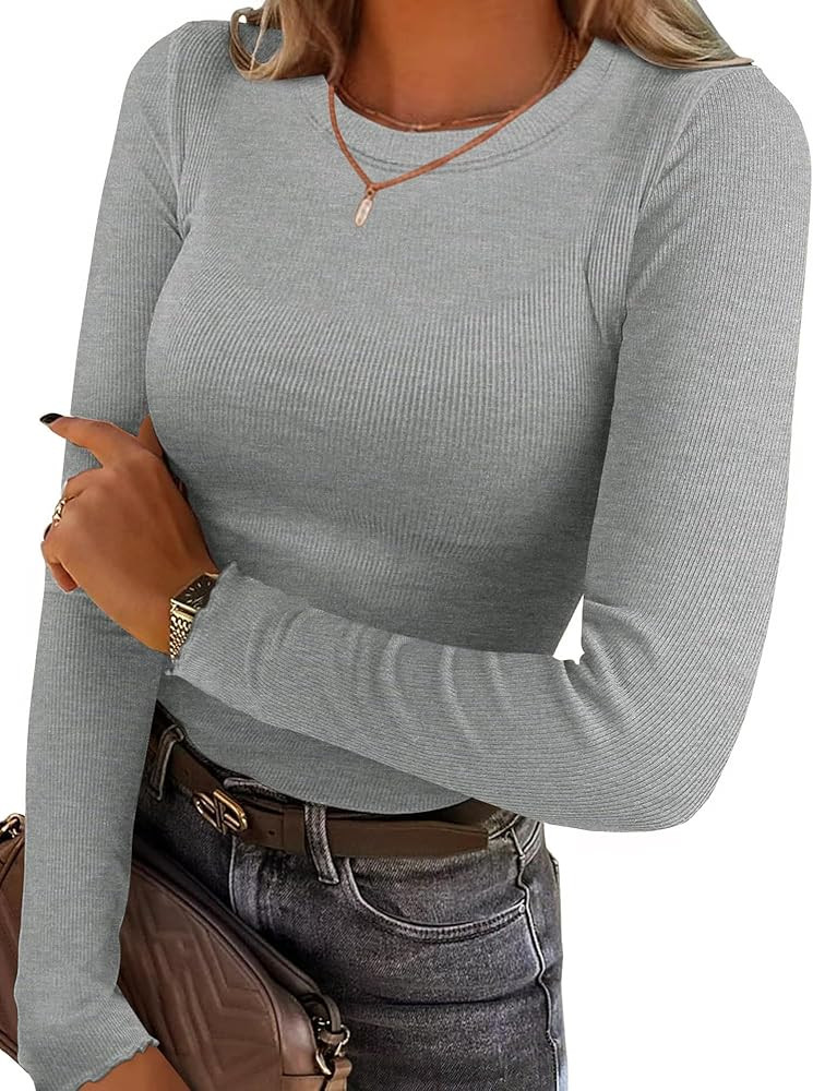 Womens Long Sleeve Stretch Crewneck Shirt Ribbed Basic Shirts Casual Undershirt Pullover Knit Sli... | Amazon (CA)