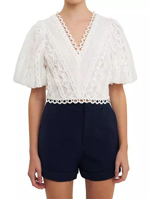 Laced V-Neck Puff Sleeve Top | Saks Fifth Avenue