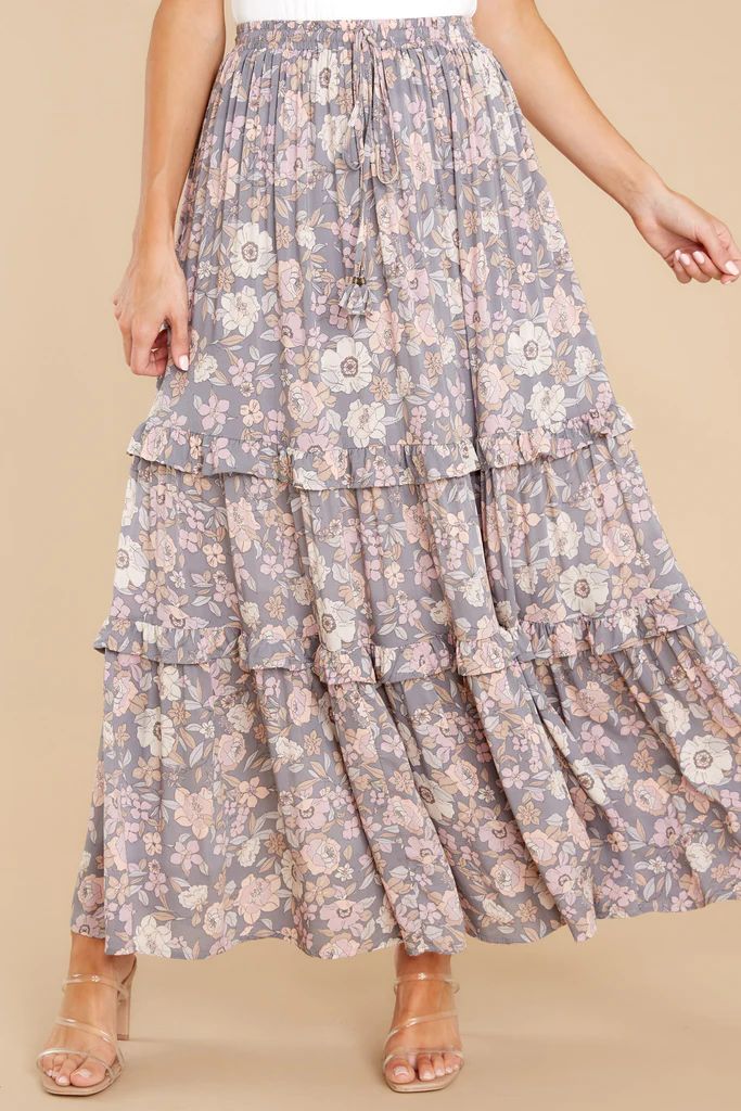 Alluring Adventures Grey Floral Print Maxi Skirt | Red Dress 