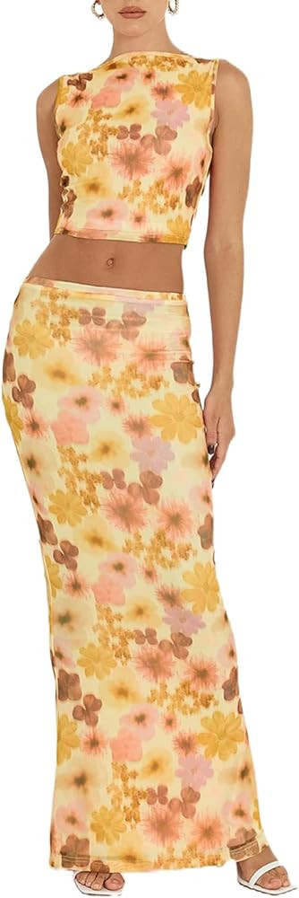 lisenraIn Women Two Piece Maxi Skirt Set Y2K Cami Crop Top and Long Skirt Set Sexy Party Cocktail... | Amazon (US)
