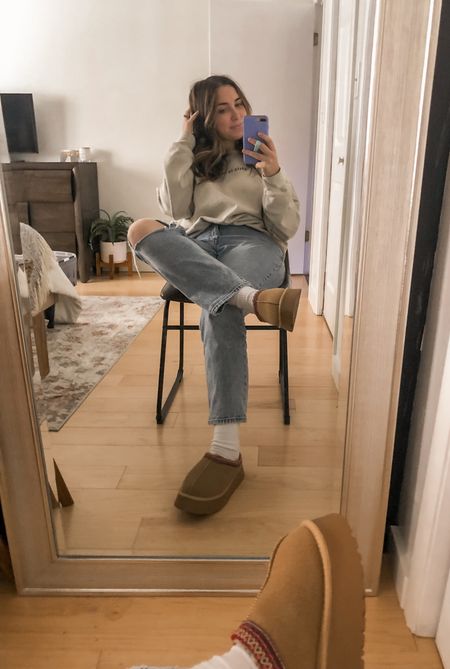 Styling Ugg tazz slippers! “This is me trying” Taylor swift sweatshirt and the best Abercrombie jeans ever! Perfect cozy winter outfit 🤍❄️

#LTKshoecrush #LTKSeasonal #LTKFind
